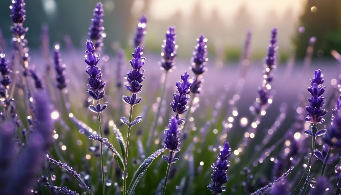 luxurious  lavender, dew, bokeh ,garden in the background, cinematic light, realistic photo, 8k