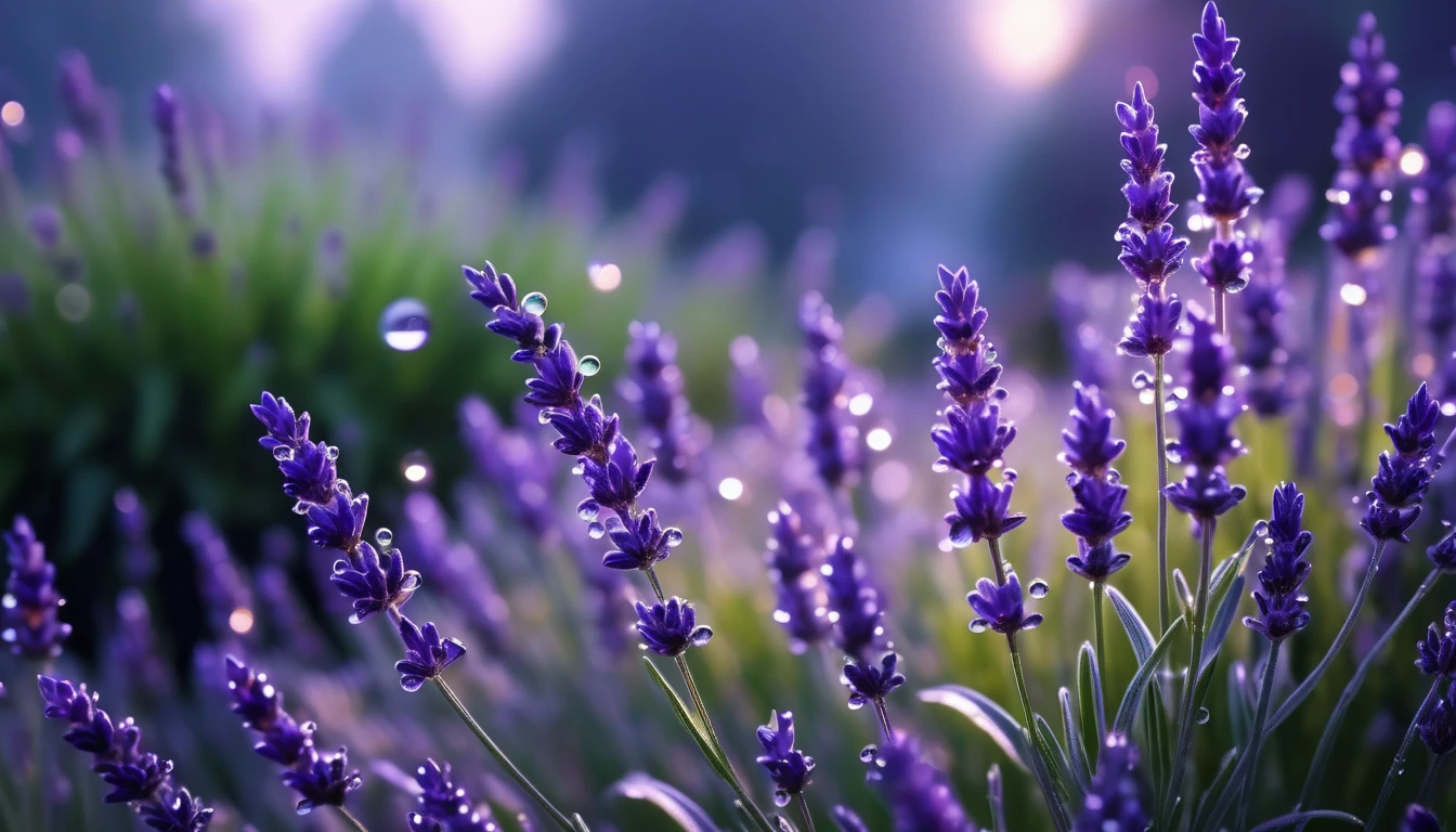 luxurious lavender, dew, bokeh ,garden in the background, cinematic light, realistic photo, 8k