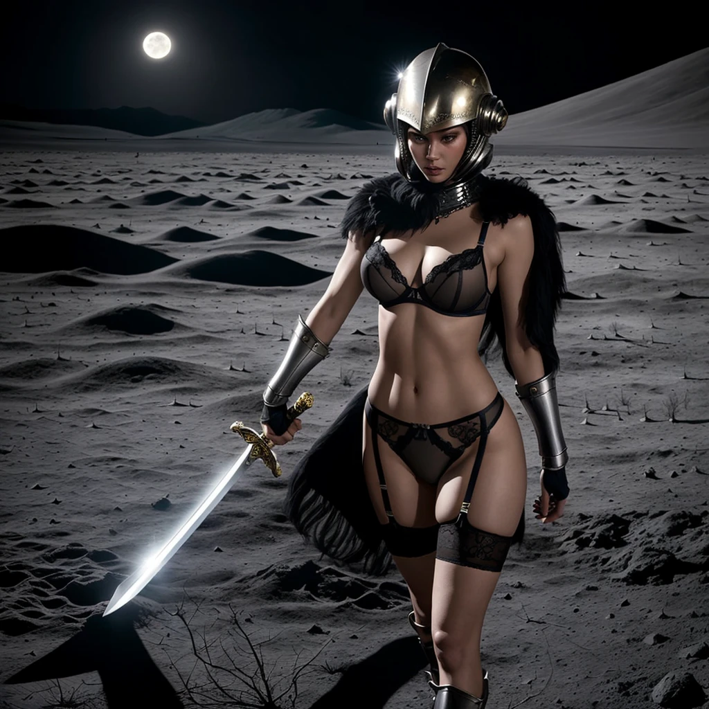 Develop a visually stunning scene of a medieval warrior fighting aliens in a lunar landscape. The warrior is dressed in lingerie, including a flower-decorated helmet and a sword with intricate, elegant details. The scene must capture the beauty of the warrior, plus details of her slender body and sample breasts.

The warrior is portrayed with a heroic and sexy posture, facing aliens with naughtiness. Lingerie reveals a unique combination of vulgarity and naughtiness. 

The lighting of the scene must highlight both the warrior and the aliens, with shadows and reflections that accentuate the details of the lingerie, helmet and sword. The composition should convey a sense of movement and drama, with colors that evoke the lunar environment and the contrast between the lingerie and the warrior&#39;s slender skin.
