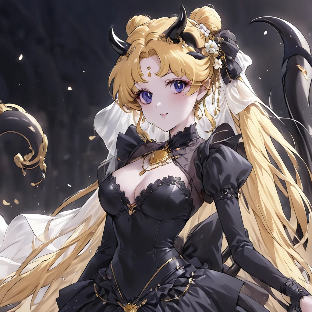 ((Highest quality)), ((masterpiece)), (detailed), （Perfect Face）、She is Princess Serenityで女は漆黒の肌のセクシーな女悪魔のプリンセスセレニティ、The woman is a jet-black female demon with magnificent devil horns, jet-black devil wings, and a jet-black tail. Her skin is jet-black, and she is a devil bride wearing a luxurious black gothic Victorian wedding dress and a black wedding veil. She is the jet-black demon Princess Serenity, and has blonde hair with a happy expression as she looks at the camera.２The expression of a girl in love with her long hair tied up、She is Princess Serenity