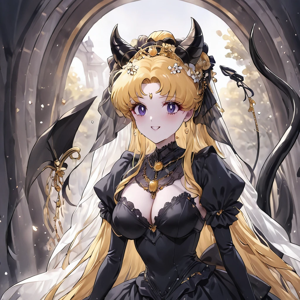 ((Highest quality)), ((masterpiece)), (detailed), (Perfect Face)、She is Princess Serenityで女は漆黒の肌のセクシーな女悪魔のプリンセスセレニティ、The woman is a jet-black female demon with magnificent devil horns, jet-black devil wings, and a jet-black tail. Her skin is jet-black, and she is a devil bride wearing a luxurious black gothic Victorian wedding dress and a black wedding veil. She is the jet-black demon Princess Serenity, and has blonde hair with a happy expression as she looks at the camera.2The expression of a girl in love with her long hair tied up、She is Princess Serenity