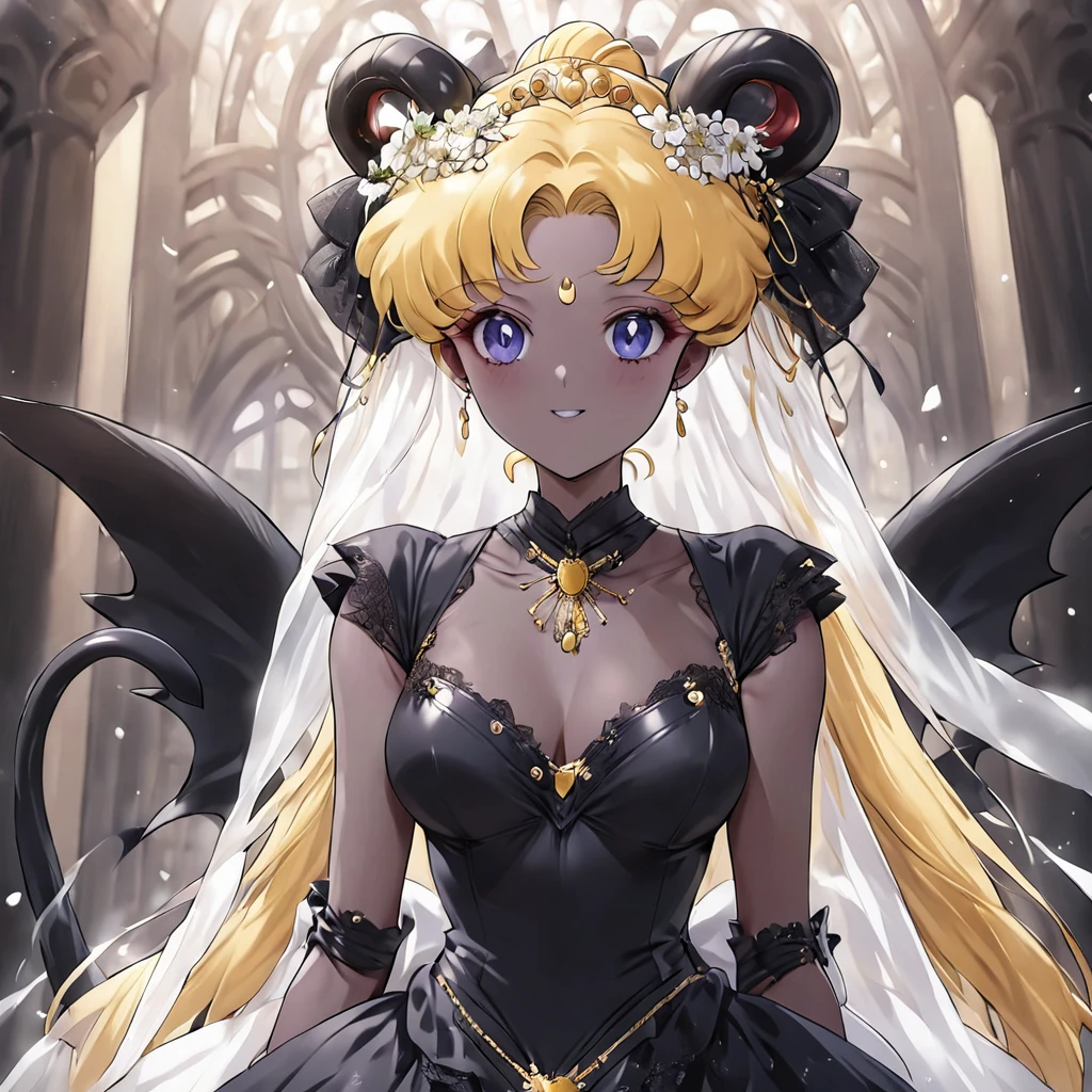 ((Highest quality)), ((masterpiece)), (detailed), (Perfect Face)、She is Princess Serenityで女は漆黒の肌のセクシーな女悪魔のプリンセスセレニティ、The woman is a jet-black female demon with magnificent devil horns, jet-black devil wings, and a jet-black tail. Her skin is jet-black, and she is a devil bride wearing a luxurious black gothic Victorian wedding dress and a black wedding veil. She is the jet-black demon Princess Serenity, and has blonde hair with a happy expression as she looks at the camera.2The expression of a girl in love with her long hair tied up、She is Princess Serenity