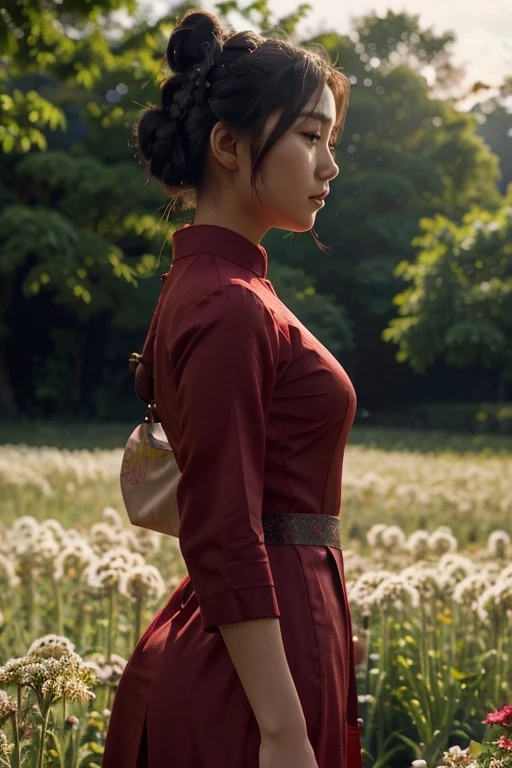 (a beautiful asian girl in red aodai:1.2) , masterpiece, best quality, realistic:1.3,in a field of flowers, sunlight, backlighting
(lacy panty:1), (lacy bra:1), (from side)
(twin tail| hair bun| bun hair|updo hair), hair accessory