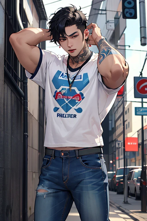 ((Best Quality)), ((Masterpiece)), (detailed), ((without errors)), ((no duplicate limbs))
Create a Korean man who was a K-pop singer, Now he is a rapper living in Argentina, He is short with a slim build, sweet and clean face, black eyes, with smooth, whitish skin although his arms are covered in tattoos.It has a more urban and comfortable style, wearing jeans and an Argentine national team t-shirt. His black hair is disheveled but stylish.. He is smoking casually