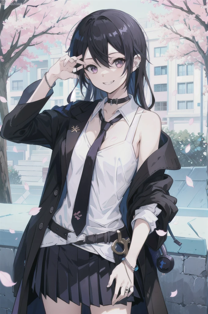 masterpiece, best quality,  full body,
1girl, bangs, black choker, black necktie, black hair, blue skirt, blush, bracelet, breasts, choker, clothes around waist, collarbone, collared shirt, cowboy shot, dress shirt, ear piercing, eyebrows visible through hair, gradient hair, grin, gyaru, jewelry, kogal, long hair, looking at viewer, loose necktie, necktie, piercing, plaid, plaid skirt, pleated skirt, red eyes, ring, school uniform, shirt, skirt, smile, 独奏, white shirt,
street, sky, cherry blossoms, petals,illustration, (magazine:1.3), (cover-style:1.3), fashionable, woman, vibrant, outfit, posing, front, colorful, dynamic, background,  elements, confident, expression, holding, statement, accessory, majestic, coiled, around, Touch, scene, Text, cover, bold, attention-grabbing, title, stylish, Font, catchy, headline, larger, striking, modern, trendy, focus, fashion,Female Kirito、Long hair、Black Silk