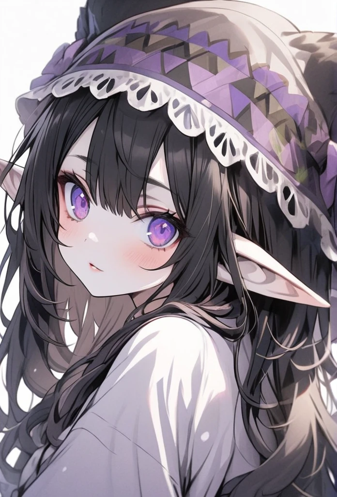young woman, elf, druid, black hair, purple eyes, white skin, cute