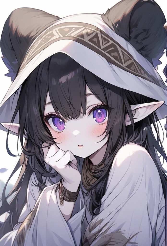 young woman, elf, druid, black hair,  purple eyes, white  skin,  cute