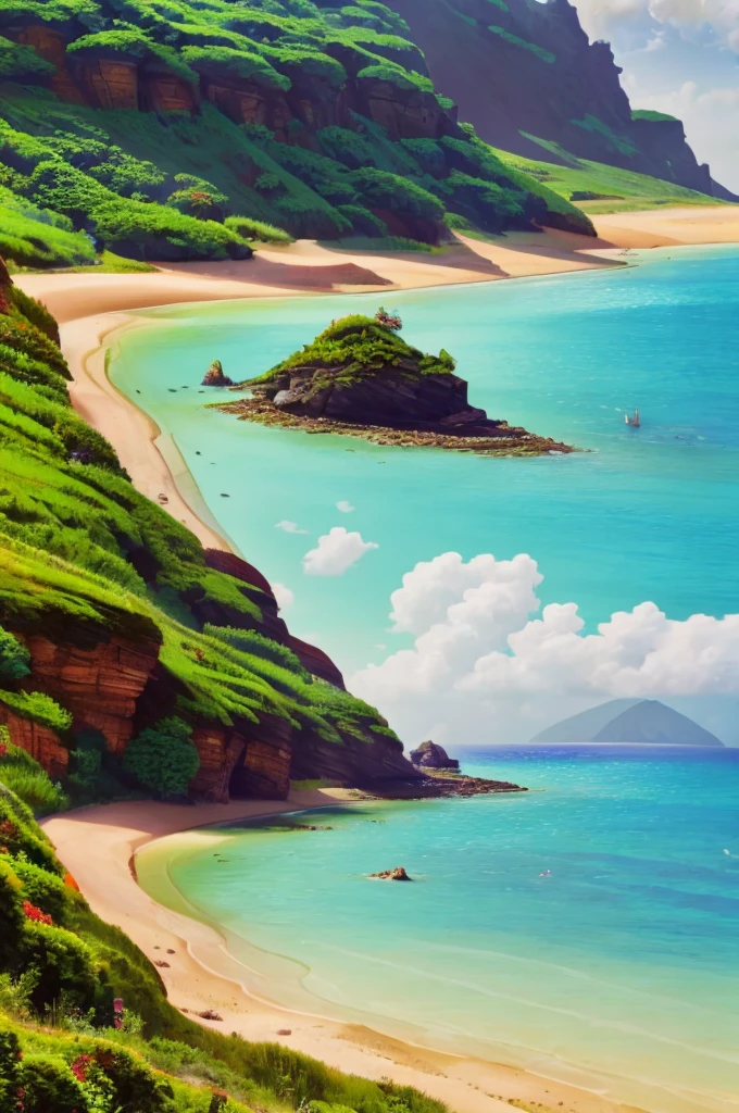 4k HD,Sunny morning,at the seaside,The train is running along the seaside track,The pale green island looms in the distance,The seascape occupies 70% of the picture.%,The beach is just around the corner,The sky, clouds and the sea scenery are in sharp contrast,Extreme clarity,HDR,Ultimate depth of field,A sense of healing,The colors are full of vigor and sobriety.,Width 1284 Height 2887