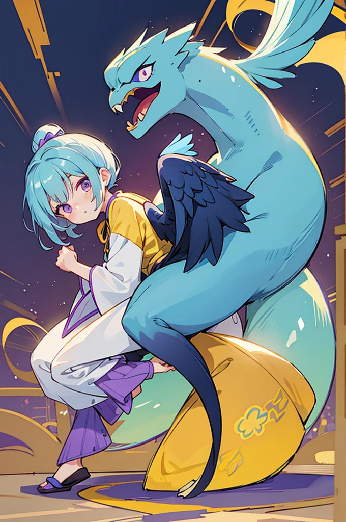Yellow and light blue two-tone hair, purple eyes, Oriental-style clothes, , Balaur
