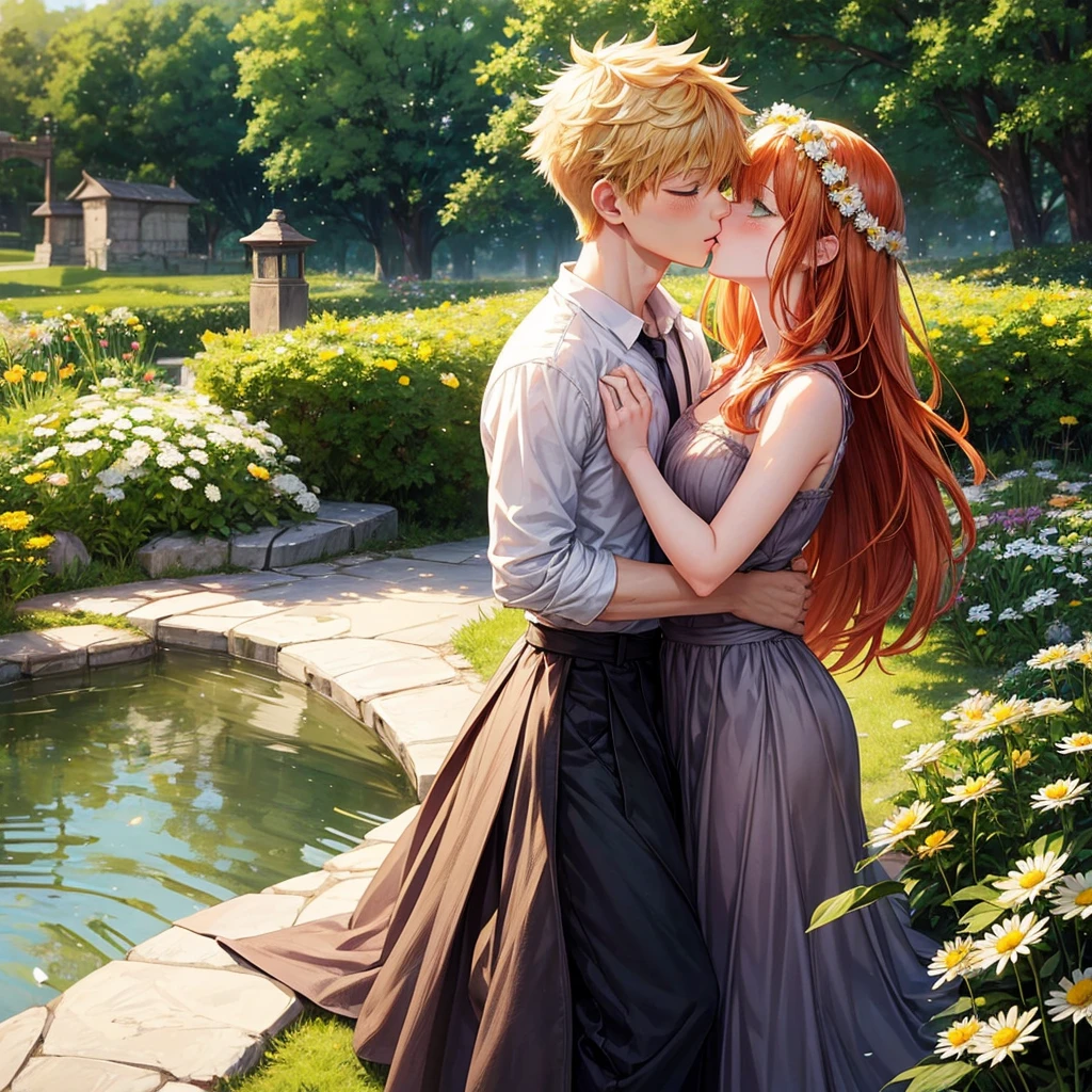 A young woman with ginger hair, green eyes and light freckles kisses her lover Katsuki Bakugo. Drawn in manhwa style. A romantic scene. There is a flower garden in the background. Katsuki places the daisy crown on the girl's head.The girl's hair is wavy. And kissing with katsuki.