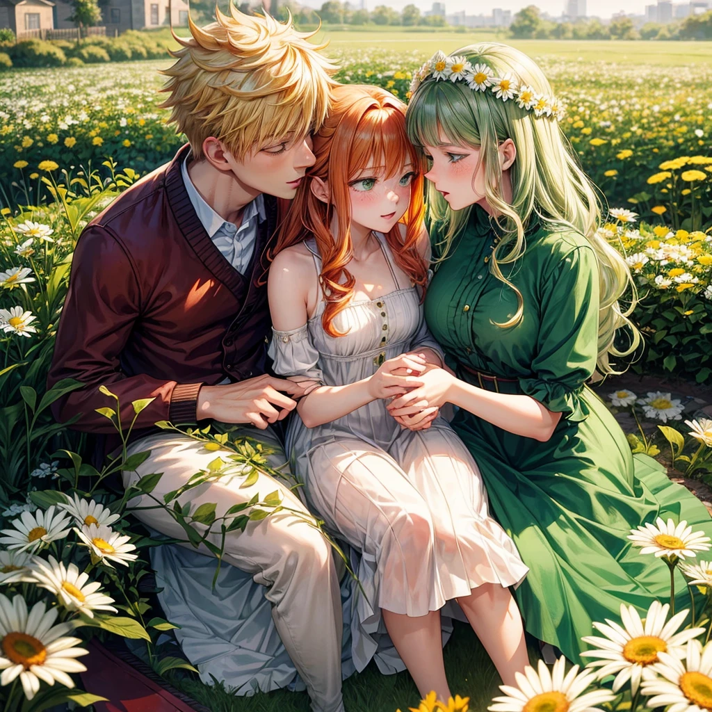 A young woman with ginger hair, green eyes and light freckles kisses her lover Katsuki Bakugo. Drawn in manhwa style. A romantic scene. There is a flower garden in the background. Katsuki places the daisy crown on the girl's head.The girl's hair is wavy. And kissing with katsuki.