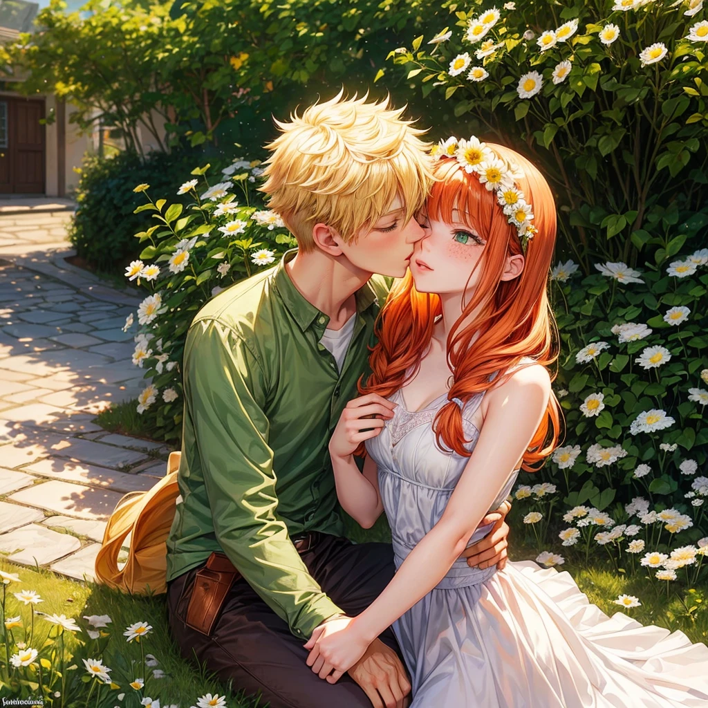 A young woman with ginger hair, green eyes and light freckles kisses her lover Katsuki Bakugo. Drawn in manhwa style. A romantic scene. There is a flower garden in the background. Katsuki places the daisy crown on the girl's head.The girl's hair is wavy. And kissing with katsuki.