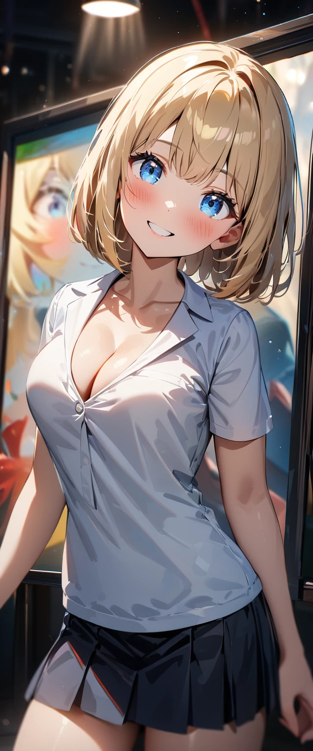(((One girl))), blond hair, bob cut, (cowboy shot), (looking at viewer), face in focus, breasts, ager, head tilt:1.3, (((blue eye))), ((happy smile)), ((blush)), school summer uniform, white shirts black skirt, ((cleavage)), anime style, (best quality, 4k, 8k, highres, masterpiece:1.2, ultra-detailed, ultra-detailed eyes, HDR, UHD, studio lighting, ultra-fine painting, sharp focus, physically-based rendering, extreme detail description, professional, vivid colors, bokeh)