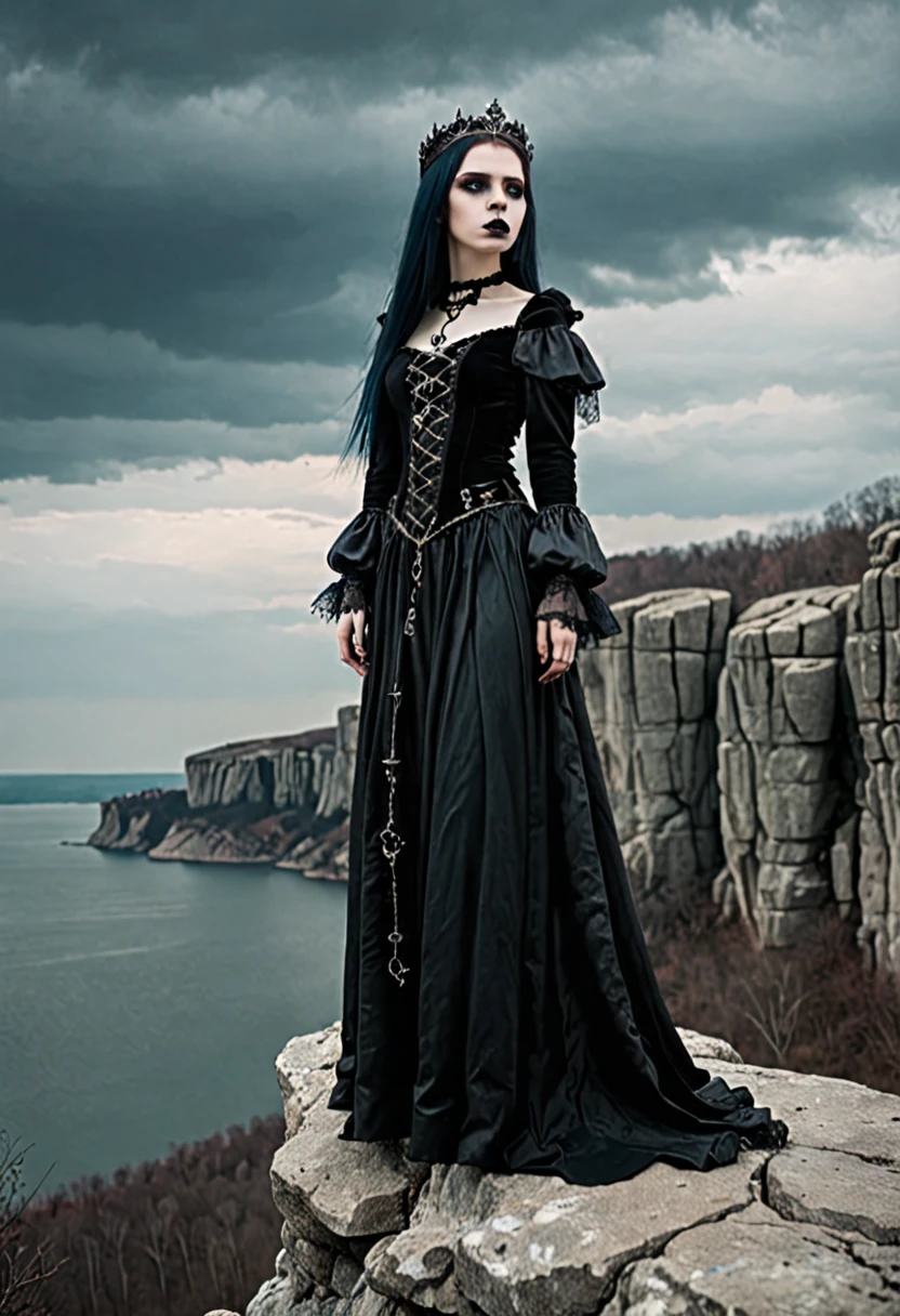 Gothic princess standing on a rocky cliff