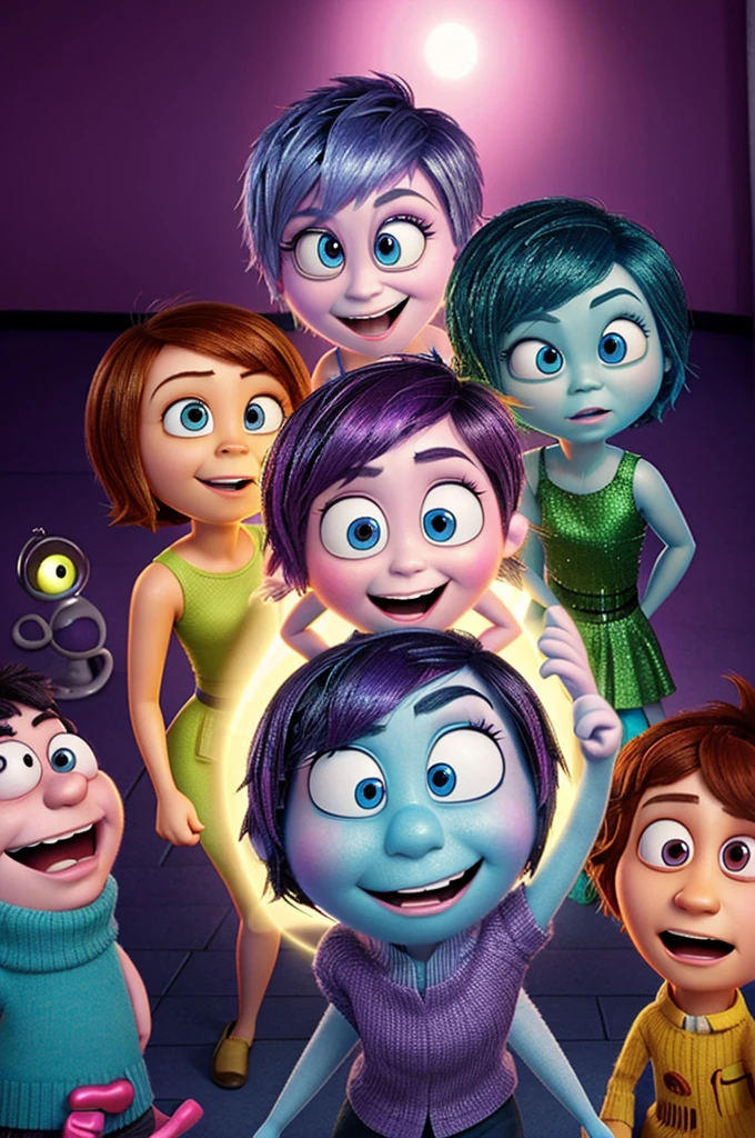 Generate 3 poster-type images of the characters from the movie Inside Out 2 that look happy