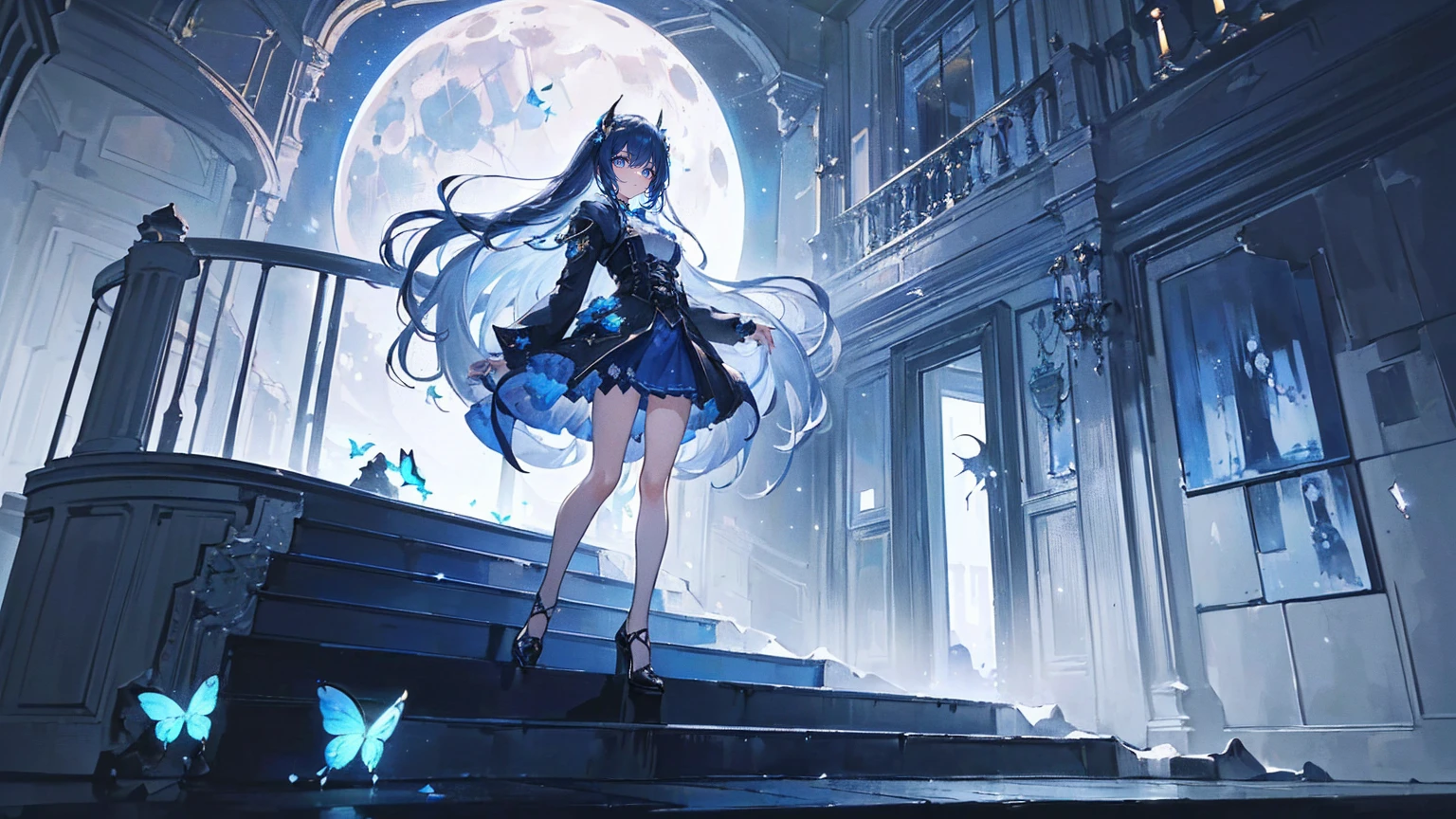 (Super detailed)),((illustration)),((masterpiece)),(((need))),((fine、Highest quality CG Unity 8K wallpapers,masterpiece),((4K,masterpiece,best quality)),A woman with long hair and waist,hair strand,expressive hair,Dark blue pupils,Dark blue tulle skirt,Dark blue coat,Dark blue butterflies,Galaxy,traveller,The hair is sky blue inside and dark blue outside,In the vast universe,Glass stairs under your feet,Go down the stairs,Feeling,A confident look,There is a blurry humanoid monster behind,Destroyed Moon,individual,Full body picture