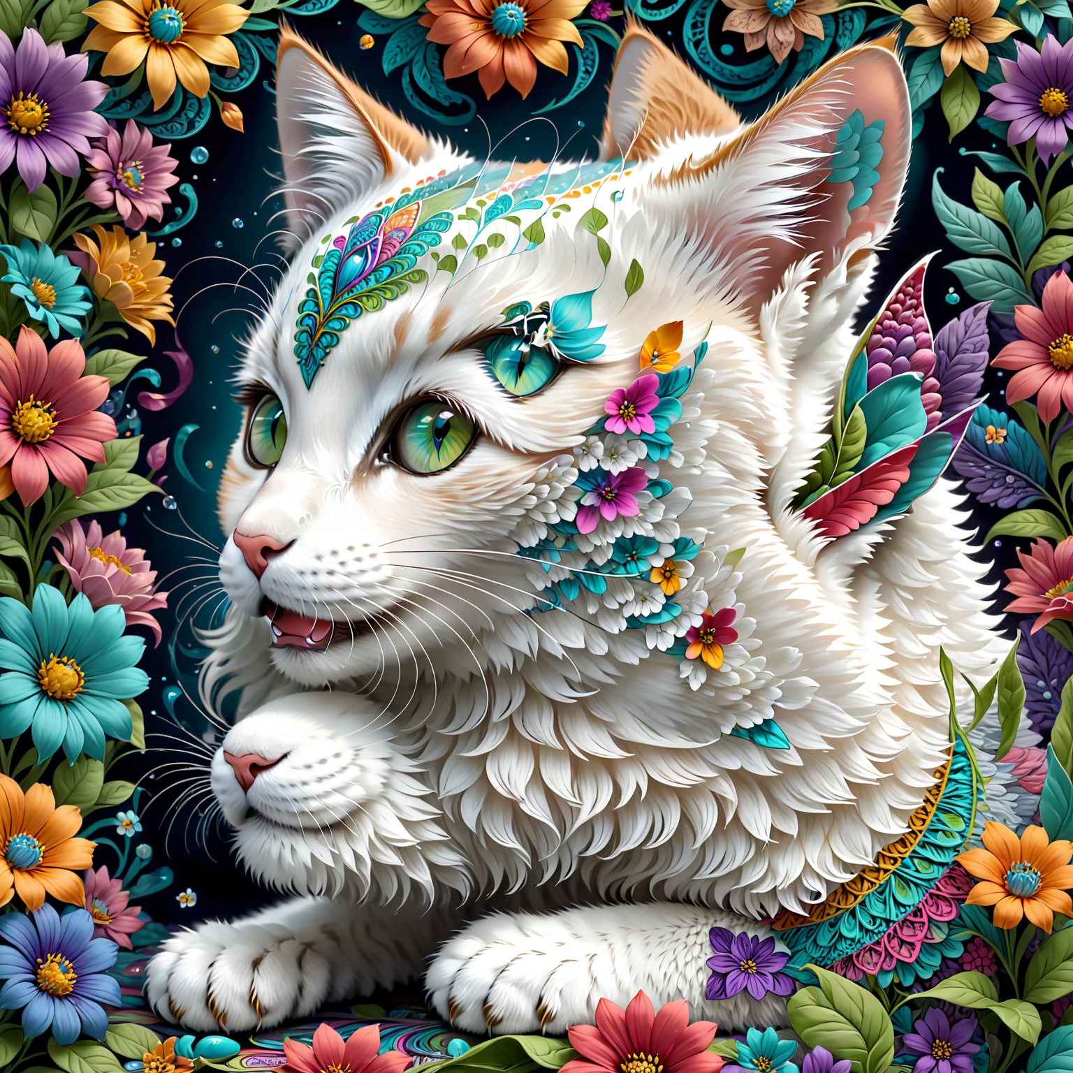 (masterpiece, top quality, best quality, official art, Beautiful and beautiful:1.2), (1 Kitten, Very detailed,(Fractal art:1.1),(rich and colorful:1.1)(Flowers:1.3),most detailed,(Zentangle:1.2)