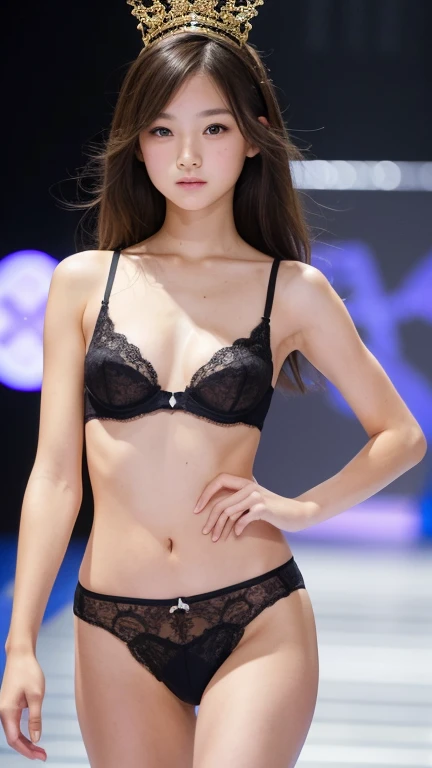 A girl walking down the runway at a fashion show, underwear, Nipples, naked, thigh, (High resolution:1.3), (16K, Realistic, RAW Photos, Best image quality: 1.4), (One Girl), Beautiful Face, (Lively Faces), Beautiful hairstyle, Realistic eyes, Beautiful and exquisite, (Realistic Skin), Beautiful skins, charm, 超High resolution, Surreal, High detail, Golden Ratio, Highly detailed cute girl,(12 years old)