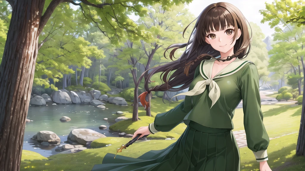 masterpiece, Highest quality, High resolution, aayoshino, , Long Hair, Twin Blade, Brown eyes, Hair that falls over the shoulders, , Sailor collar, neckerchief, Green Shirt, One piece sailor shirt, Long sleeve, Green Skirt, Long skirt, Are standing, Cowboy Shot, Outdoor, Person on the right, radiant face