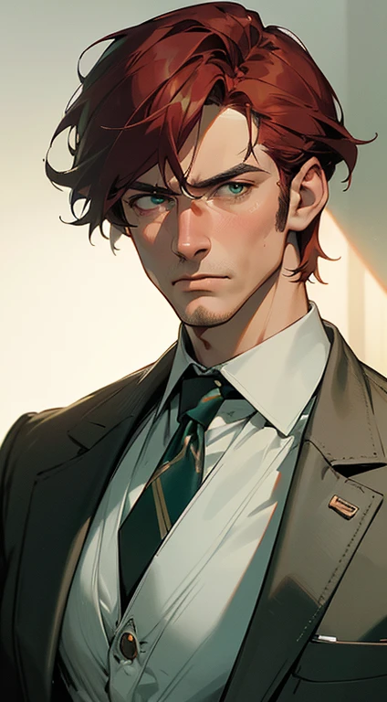 (best quality, masterpiece, 8K, photorealistic, cinematic lighting, 1:4 hdr image, ultra detailed, beautiful image), a mature man, 34 years very handsome, ((cold expression)), short red hair, green eyes, face perfect without mistakes, ((buttoning his jacket, CEO))