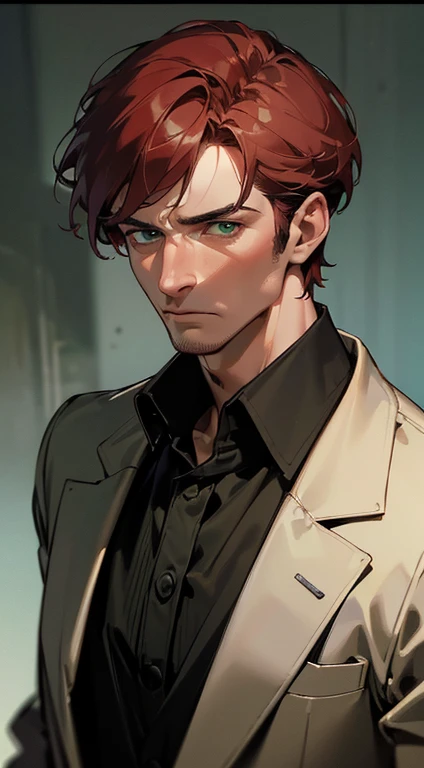 (best quality, masterpiece, 8K, photorealistic, cinematic lighting, 1:4 hdr image, ultra detailed, beautiful image), a mature man, 34 years very handsome, ((cold expression)), short red hair, green eyes, face perfect without mistakes, ((buttoning his jacket, CEO))