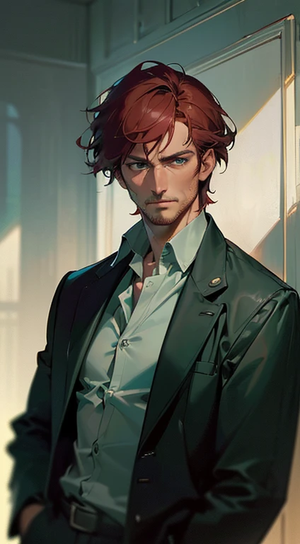 (best quality, masterpiece, 8K, photorealistic, cinematic lighting, 1:4 hdr image, ultra detailed, beautiful image), a man, 34 years very handsome, ((cold expression)), short red hair, green eyes, face perfect without mistakes, ((buttonhis jacket, CEO))