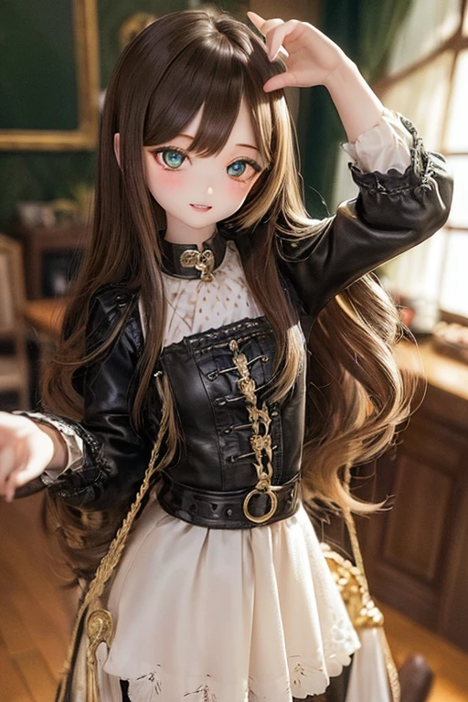 photorealistic, realistic photo, ((highest quality)), ((masterpiece)), extremely detailed, kukolnydom, doll, (woman, 23yo, 23 years old:1.6), solo, ((cowboy shot, dynamic pose)), (skinny, slender, slim, little smile, parted lips), green eyes, brown hair, (looking at viewer, medium hair, wavy hair, gradient eyes, shining eyes, detailed eyes:1.3), dress, castle, 8k