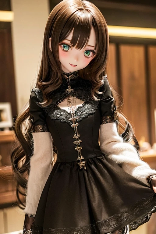 photorealistic, realistic photo, ((highest quality)), ((masterpiece)), extremely detailed, kukolnydom, doll, (woman, 23yo, 23 years old:1.6), solo, ((cowboy shot, dynamic pose)), (skinny, slender, slim, little smile, parted lips), green eyes, brown hair, (looking at viewer, medium hair, wavy hair, gradient eyes, shining eyes, detailed eyes:1.3), dress, castle, 8k