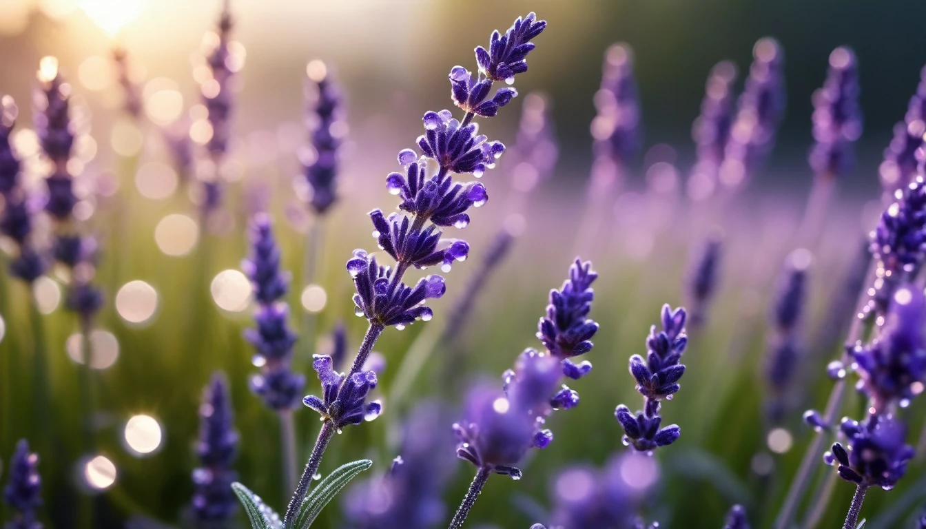 luxurious lavender, dew, bokeh ,garden in the background, cinematic light, realistic photo, 8k