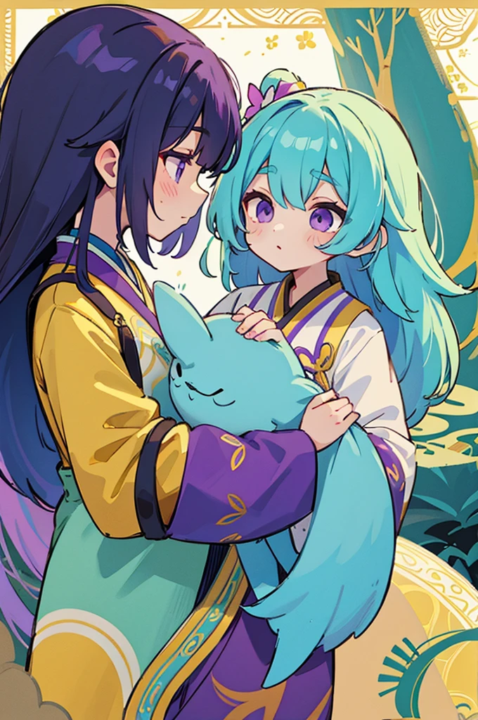 Yellow and light blue two-tone hair, purple eyes, Oriental-style clothes, , Balaur