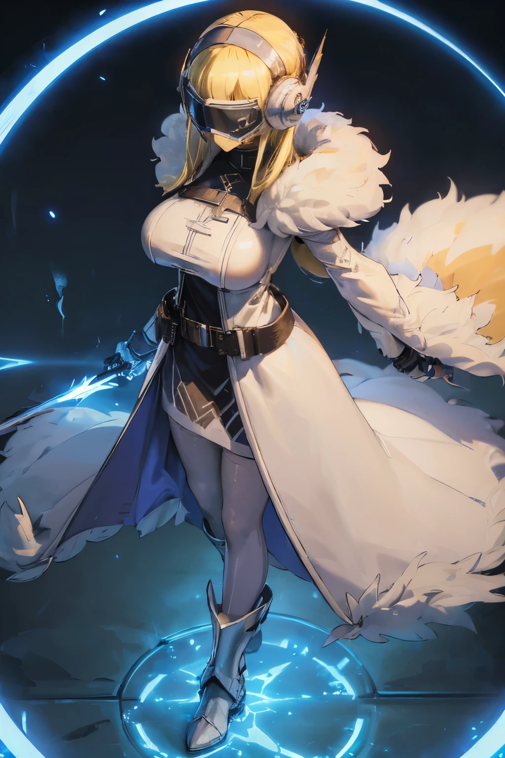  Charming Angel Digimon, Digimon Sandrimon,  Simple Futuristic Cyborg Empress, Queen of Ice and Storm, masterpiece, Highest quality, 4K, Ultra-high resolution,(Face Shield:1.5),(Blonde:1.7),White fur coat,gigantic breast,boots,Shield that covers the entire face,Shield LED display,(Mature Woman:1.7),belt,No sleeve,(battle態勢:1.7),(Hiding his face with a shade:1.5),Sleek design,Cinderella,Thimble gloves,Footwork,battle,tall,solo,Cyber earmuffs,Luxurious white fur,no weapons,I have nothing in my hands,Not carrying a weapon,(Coat half off:1.4),Tight Skirt,Long legs,Beautiful feet