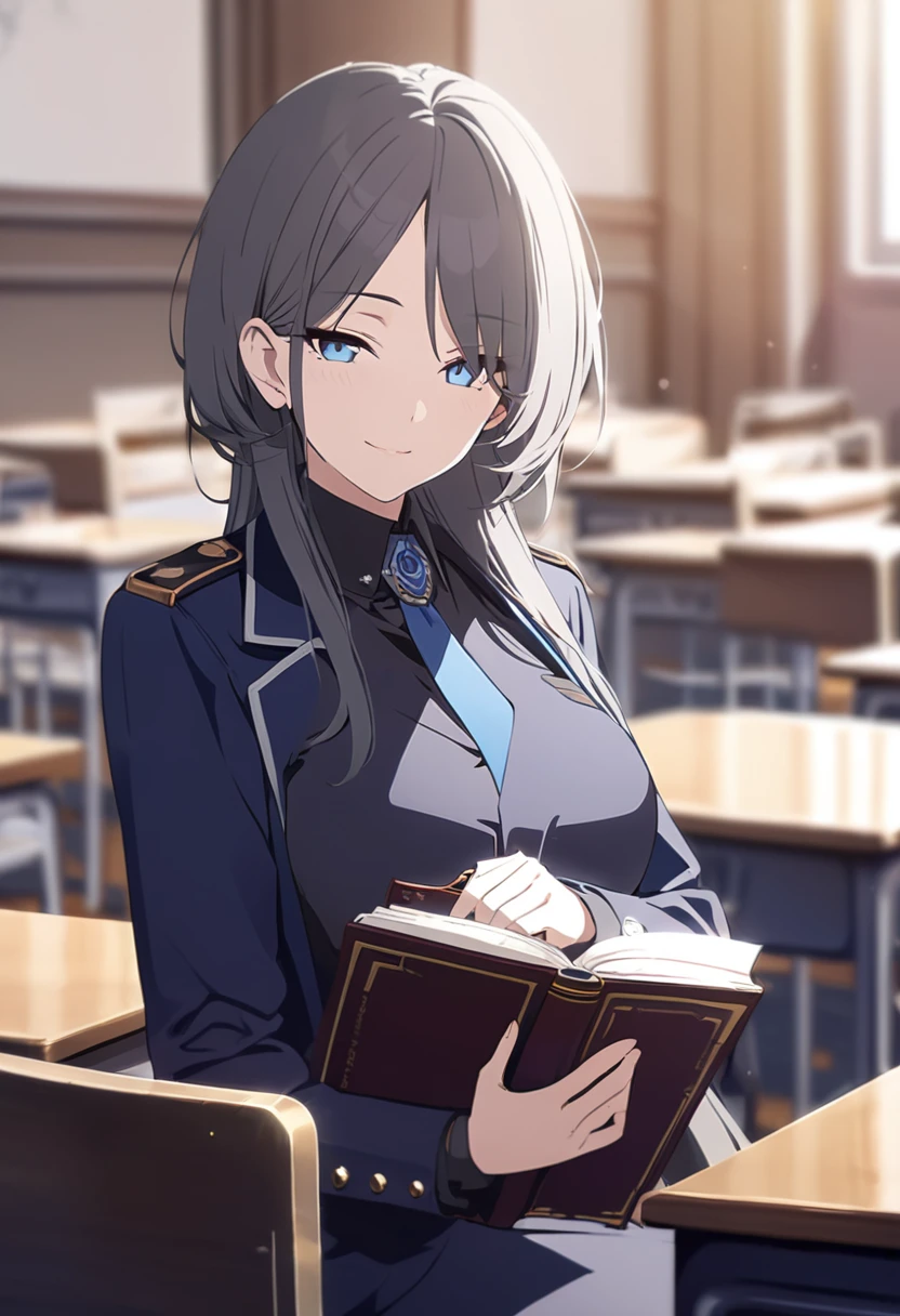 masterpiece,best quality,depth of field,8K,looking at the viewer,dark gray hair,blue eyes,man,Navy blue long coat over black business suit,University Classroom,alone,holding an open book,smiling,
