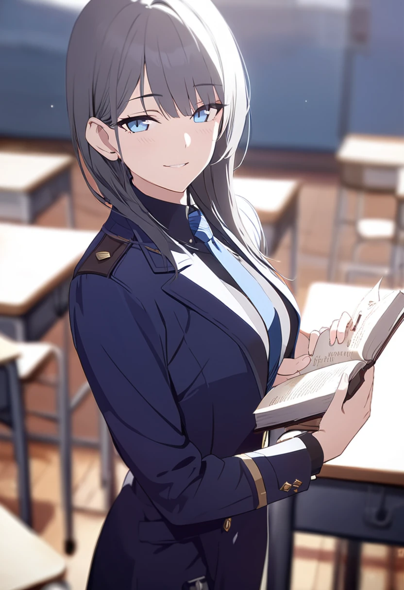 masterpiece,best quality,depth of field,8K,looking at the viewer,dark gray hair,blue eyes,man,Navy blue long coat over black business suit,University Classroom,alone,holding an open book,smiling,
