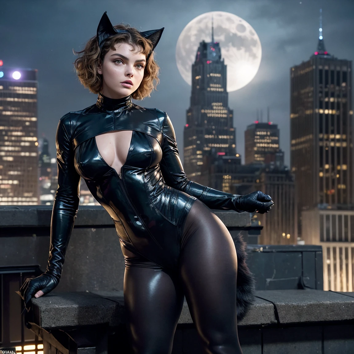 Camren bicondova, actress from the TV series Gotham, night, full moon in sky, clear sky, in catwoman costume with open face, Mask with cat ears, bouffant hairstyle, full length, standing and leaning forward, on the roof of the building, City Gothamfrom DC Comics, bare legs, legs open , seductive pose, nsfw