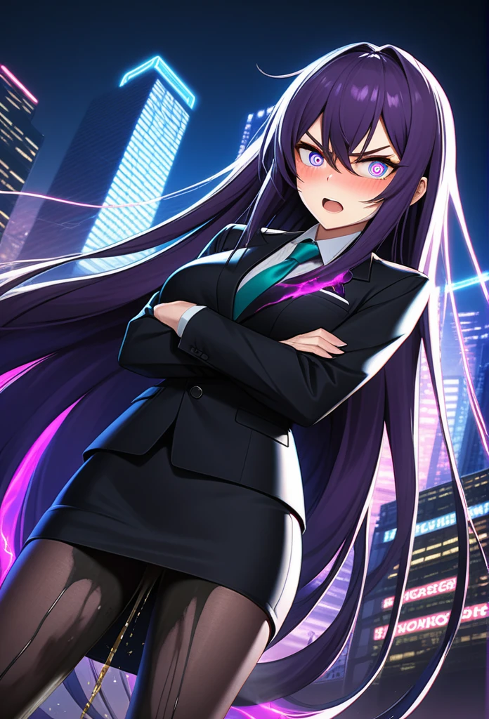 (high quality,Very detailed:1.37, High resolution), Woman, (very long hair:1.5), dark purple hair, purple eeyes, large breasts, (wetting herself:1.5), standing, business suit, necktie, (very long pencil skirt:1.5), pantyhose, (arms crossed:1.5), (embarrassed:1.5), (humiliation:1.5), (angry:1.25), (blushing:1.5), open mouth, Cyberpunk Style, Cyberpunk Cityscape, Neon Light, High-tech accessories, Meticulous details, (extremely detailed eys:1.37), Glowing LED pattern, Urban scenery, Futuristic elements, Mysterious Aura, ,Flying cars racing through the air, Holographic Advertising, Visually stunning architecture, Energetic and dynamic poses, Gives off a powerful aura, The cityscape reflected in her metallic eyes, Graceful movement amidst chaos, A moonlit sky with a futuristic hue, Pulsating Electronic Soundtrack, Enhanced Augmented Reality Overlays, Interacting with virtual objects in the environment