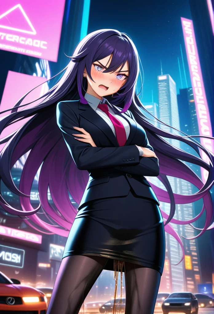 (high quality,Very detailed:1.37, High resolution), Woman, (very long hair:1.5), dark purple hair, purple eeyes, large breasts, (wetting herself:1.5), standing, business suit, necktie, (very long pencil skirt:1.5), pantyhose, (arms crossed:1.5), (embarrassed:1.5), (humiliation:1.5), (angry:1.25), (blushing:1.5), open mouth, Cyberpunk Style, Cyberpunk Cityscape, Neon Light, High-tech accessories, Meticulous details, (extremely detailed eys:1.37), Glowing LED pattern, Urban scenery, Futuristic elements, Mysterious Aura, ,Flying cars racing through the air, Holographic Advertising, Visually stunning architecture, Energetic and dynamic poses, Gives off a powerful aura, The cityscape reflected in her metallic eyes, Graceful movement amidst chaos, A moonlit sky with a futuristic hue, Pulsating Electronic Soundtrack, Enhanced Augmented Reality Overlays, Interacting with virtual objects in the environment