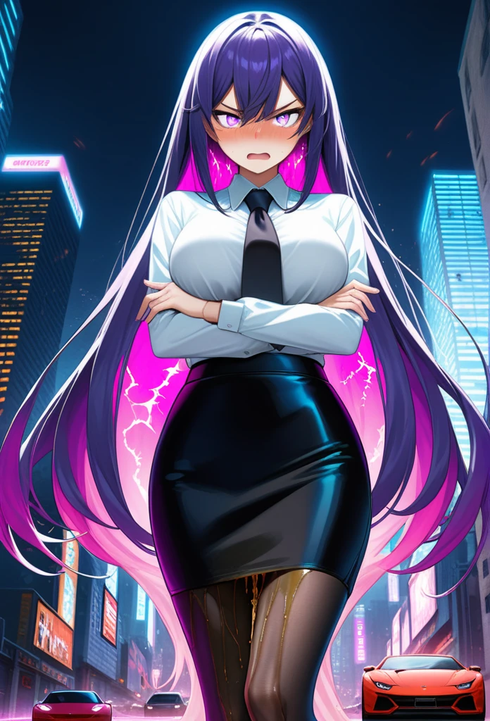 (high quality,Very detailed:1.37, High resolution), Woman, (very long hair:1.5), dark purple hair, purple eeyes, large breasts, (wetting herself:1.5), standing, business suit, necktie, (very long pencil skirt:1.5), pantyhose, (arms crossed:1.5), (embarrassed:1.5), (humiliation:1.5), (angry:1.25), (blushing:1.5), open mouth, Cyberpunk Style, Cyberpunk Cityscape, Neon Light, High-tech accessories, Meticulous details, (extremely detailed eys:1.37), Glowing LED pattern, Urban scenery, Futuristic elements, Mysterious Aura, ,Flying cars racing through the air, Holographic Advertising, Visually stunning architecture, Energetic and dynamic poses, Gives off a powerful aura, The cityscape reflected in her metallic eyes, Graceful movement amidst chaos, A moonlit sky with a futuristic hue, Pulsating Electronic Soundtrack, Enhanced Augmented Reality Overlays, Interacting with virtual objects in the environment