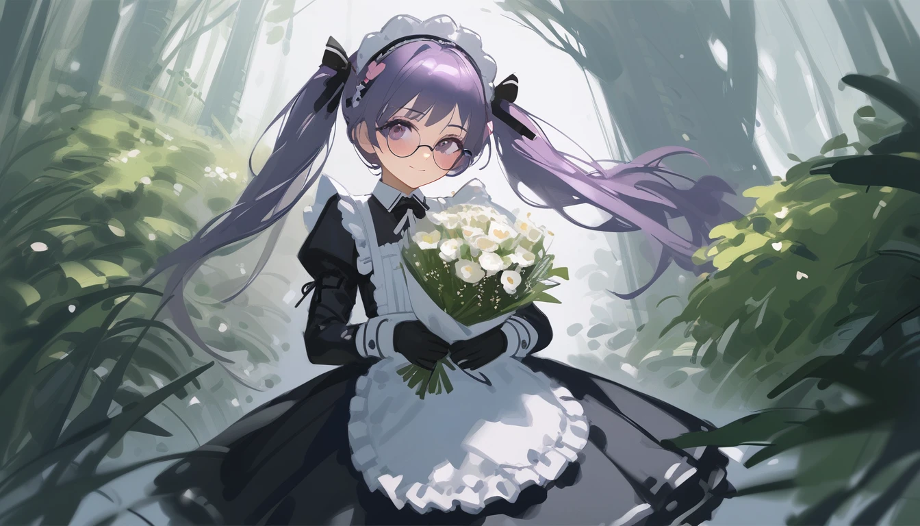 Ciloranko,  wlop, 1girl,  独奏,  flower,  bouquet,  purple eyes,  maid headdress,  looking at viewer,  maid,  apron,  full body, long hair, twintails,  holding,  white background,  long sleeves,  holding bouquet,  dress,  bow,  juliet sleeves,  puffy sleeves,  blush,  Spring Flowering Forest, parted lips,  frills,  ribbon,  two side up,  hair bow,  maid apron one girl, super high quality, Super Detail, Super Detailed image, long hair, looking at viewer, skirt, shirt, hair ornament, violet eyes,black gloves, round glasses, long sleeves,violet hair, round glasses, Flat Chest, smile