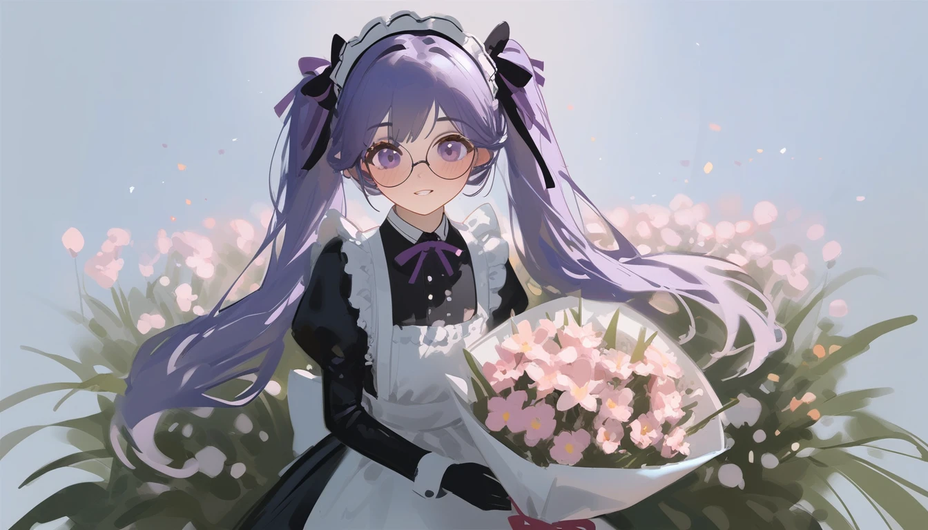 Ciloranko,  wlop, 1girl,  独奏,  flower,  bouquet,  purple eyes,  maid headdress,  looking at viewer,  maid,  apron,  full body, long hair, twintails,  holding,  white background,  long sleeves,  holding bouquet,  dress,  bow,  juliet sleeves,  puffy sleeves,  blush,  Spring Flowering Forest, parted lips,  frills,  ribbon,  two side up,  hair bow,  maid apron one girl, super high quality, Super Detail, Super Detailed image, long hair, looking at viewer, skirt, shirt, hair ornament, violet eyes,black gloves, round glasses, long sleeves,violet hair, round glasses, Flat Chest, smile