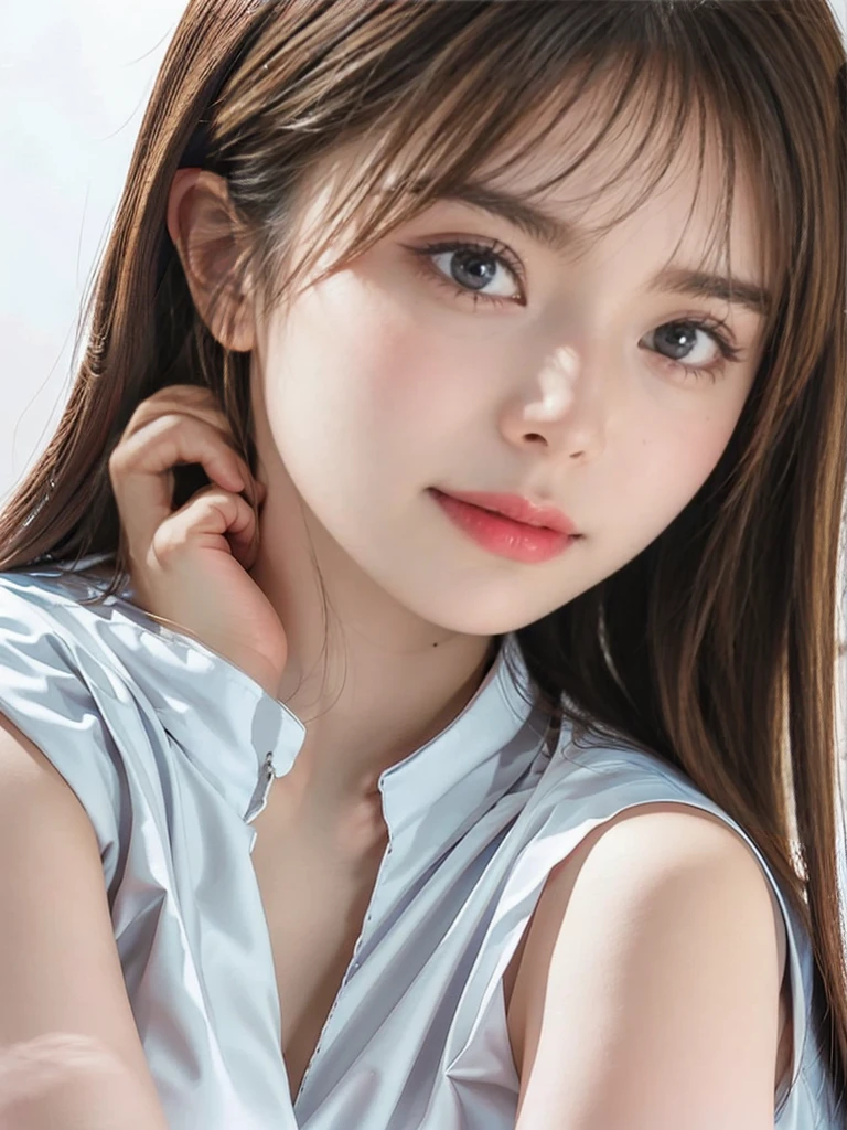 raw photo, 1girl, cute face, beautiful face, medium breast, collared blouse, White blouse, light smile, Upper body, detailed skin, pore, simple background, frontal face, wallpaper, photorealistic, anatomically correct, masterpiece, best quality, UHD