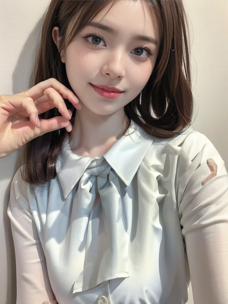 raw photo, 1girl, cute face, beautiful face, medium breast, collared blouse, White blouse, light smile, Upper body, detailed skin, pore, simple background, frontal face, wallpaper, photorealistic, anatomically correct, masterpiece, best quality, UHD