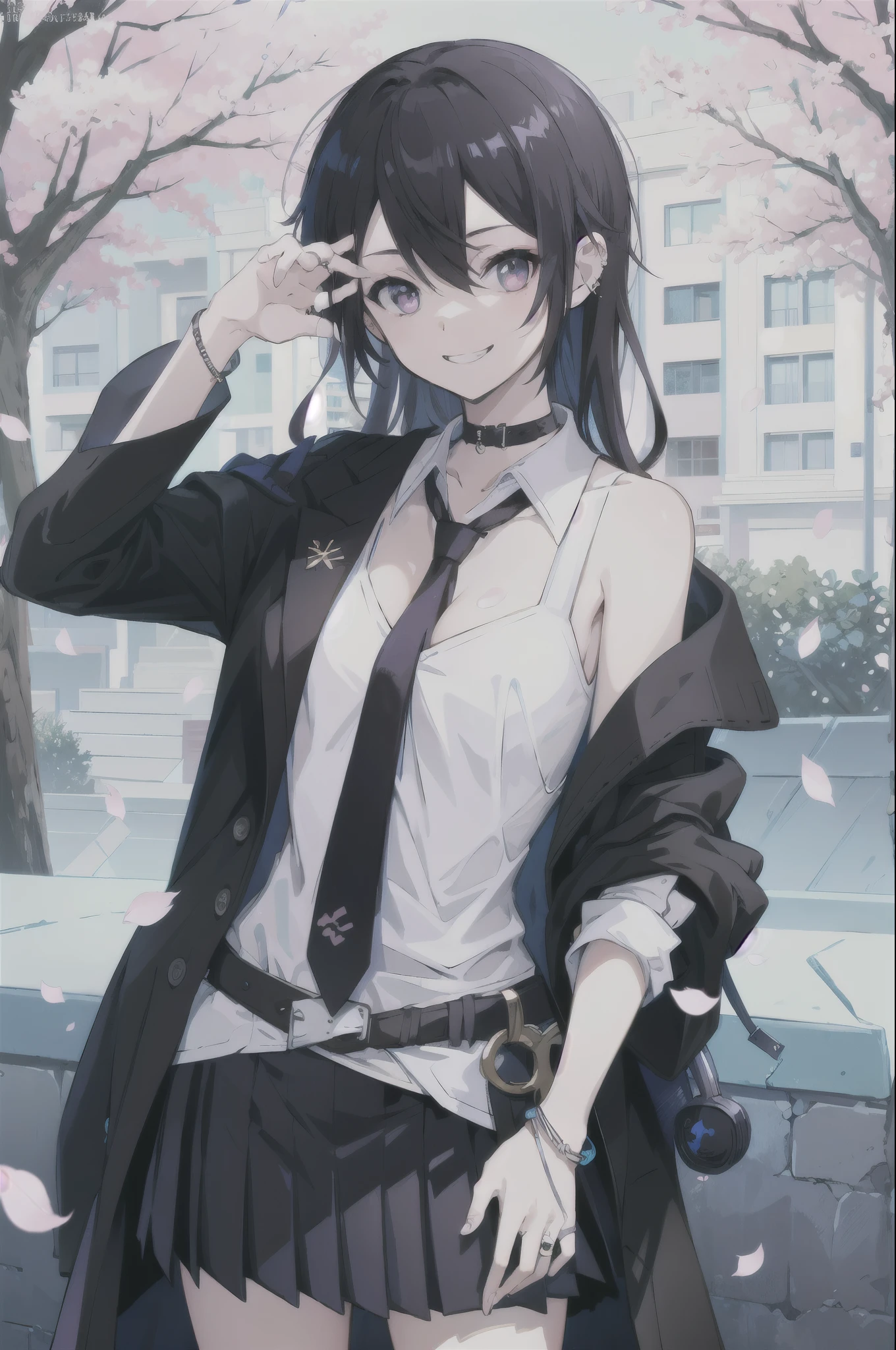 masterpiece, best quality, full body,
1girl, bangs, black choker, black necktie, black hair, blue skirt, blush, bracelet, breasts, choker, clothes around waist, collarbone, collared shirt, cowboy shot, dress shirt, ear piercing, eyebrows visible through hair, gradient hair, grin, gyaru, jewelry, kogal, long hair, looking at viewer, loose necktie, necktie, piercing, plaid, plaid skirt, pleated skirt, red eyes, ring, school uniform, shirt, skirt, smile, solo, white shirt,
street, sky, cherry blossoms, petals,illustration, (magazine:1.3), (cover-style:1.3), fashionable, woman, vibrant, outfit, posing, front, colorful, dynamic, background, elements, confident, expression, holding, statement, accessory, majestic, coiled, around, Touch, scene, Text, cover, bold, attention-grabbing, title, stylish, Font, catchy, headline, larger, striking, modern, trendy, focus, fashion,Female Kirito、Long hair、Black Silk