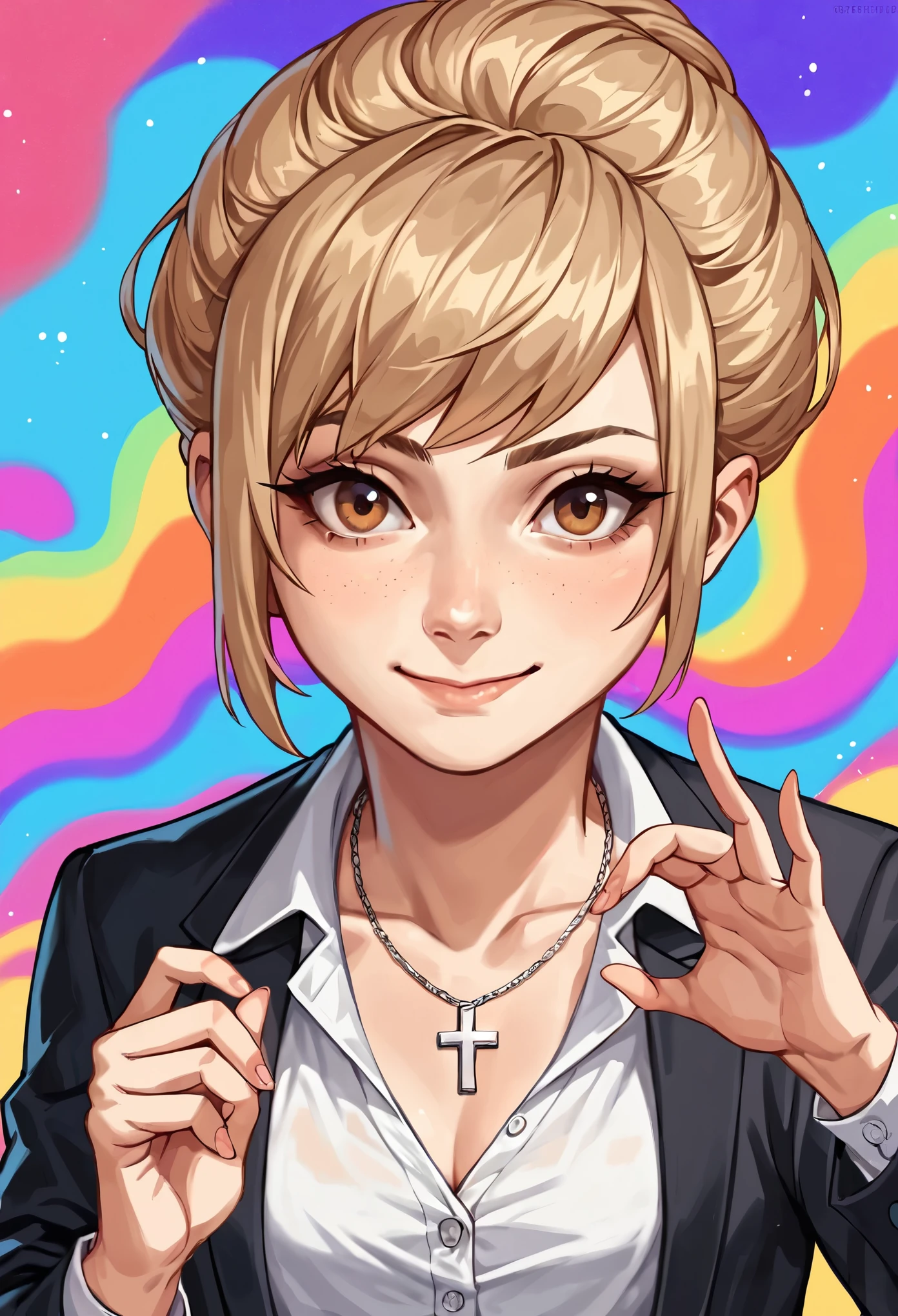 score_9,score_8_up,score_7_up,score_6_up, BREAK light brown hair, hazel eyes, cross necklace, buttoned blouse, black blazer seated pose, (upper body:1.1), warm slight smile, closed mouth, looking at viewer (portrait studio, colorful abstract background, textured portrait backdrop:1.1)
