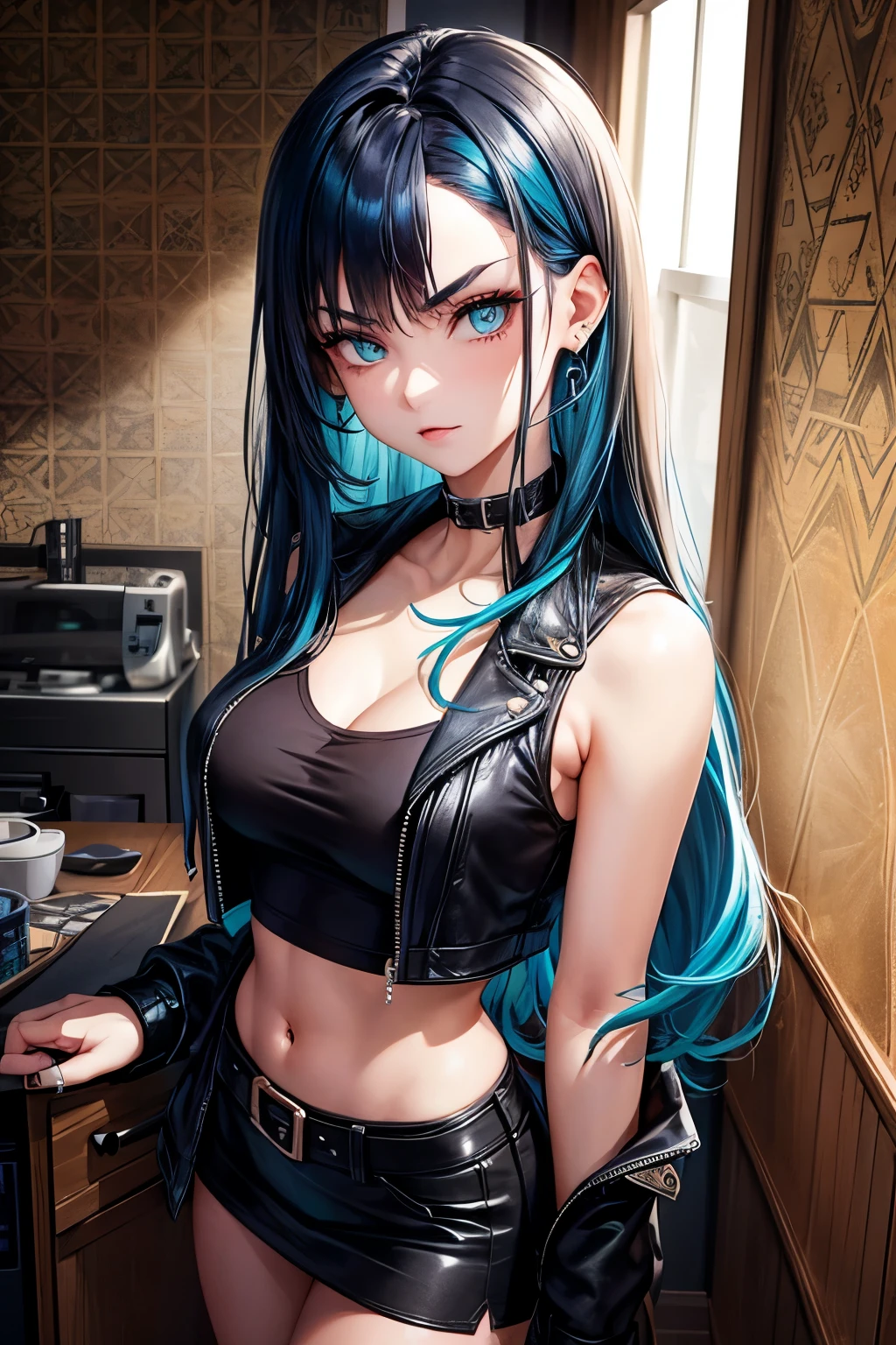 A 20 year old girl with dark blue hair, turquoise eyes, full lips with a piercing on the brow, a cunning and mischievous expression, wearing a brown tank top, black leather jacket, and black skirt, in a room with dark star patterned wallpaper and a black bed in the background