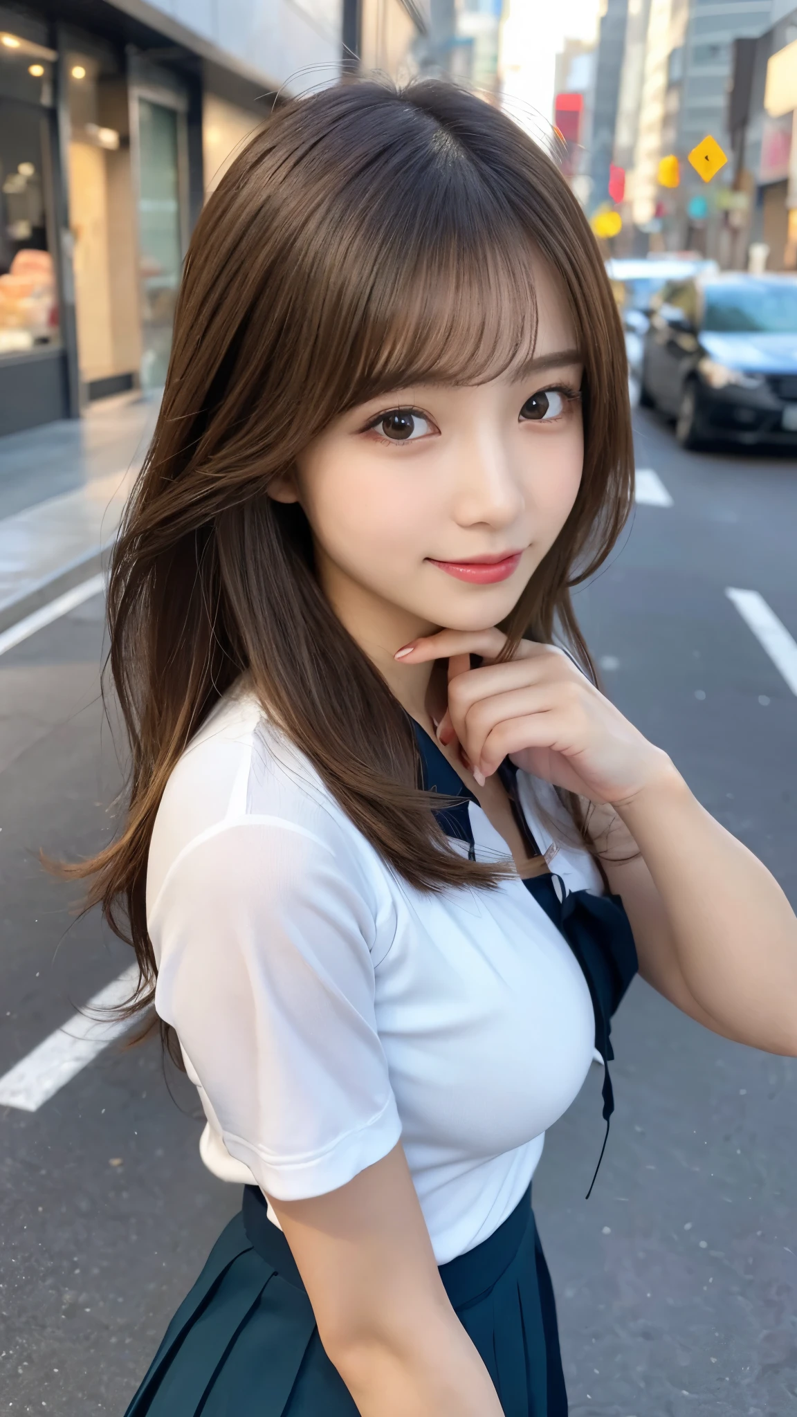 masutepiece, Best Quality, 8K, 15yo student, japanes、Teen, Raw photo, award winning portrait, A smile, Solo, Night, Idol face, violaceaess, gardeniass, Delicate girl, Upper body, Digital SLR, Looking at Viewer, Candid, Sophisticated, zora々Right, Thin arms, Professional Lighting, Film grain, chromatic abberation, (Eyes and faces with detailed:1.0),　A dark-haired、drooing eyes、Japanese high school  girl、kawaii faces:1.2,