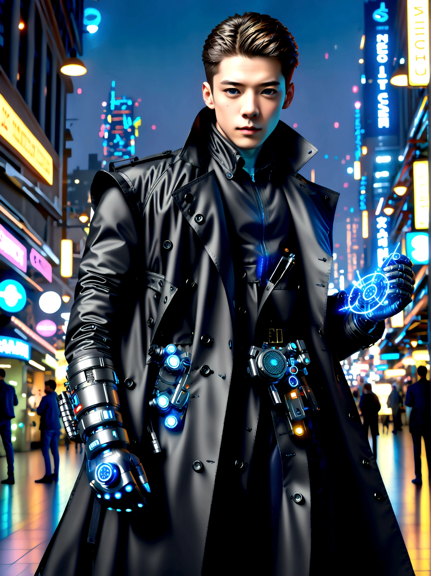 (best quality, 8k,highres,masterpiece:1.2), ultra-detailed, (realistic, photorealistic), (Detective Gadget in a sleek black trench coat:1.5), (Black trench coat:1.7), standing confidently, showcasing advanced futuristic gadgets, electric blue accents on his gadgets, mechanical arms extending from his coat, sharp and determined eyes, futuristic cityscape in background, bokeh, studio lighting, sharp focus