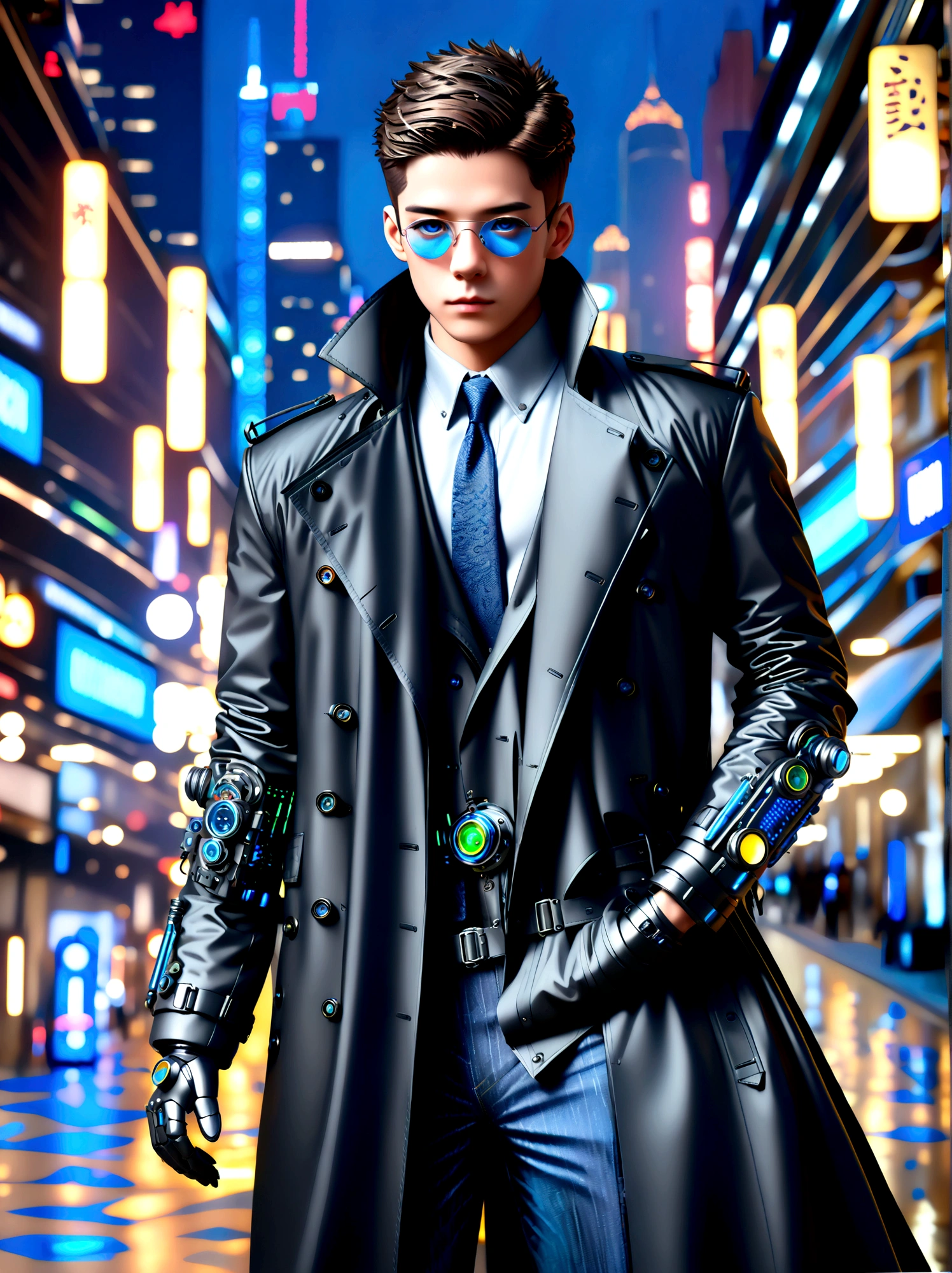 (best quality, 8k,highres,masterpiece:1.2), ultra-detailed, (realistic, photorealistic), (Detective Gadget in a sleek black trench coat:1.5), (Black trench coat:1.7), standing confidently, showcasing advanced futuristic gadgets, electric blue accents on his gadgets, mechanical arms extending from his coat, sharp and determined eyes, futuristic cityscape in background, bokeh, studio lighting, sharp focus