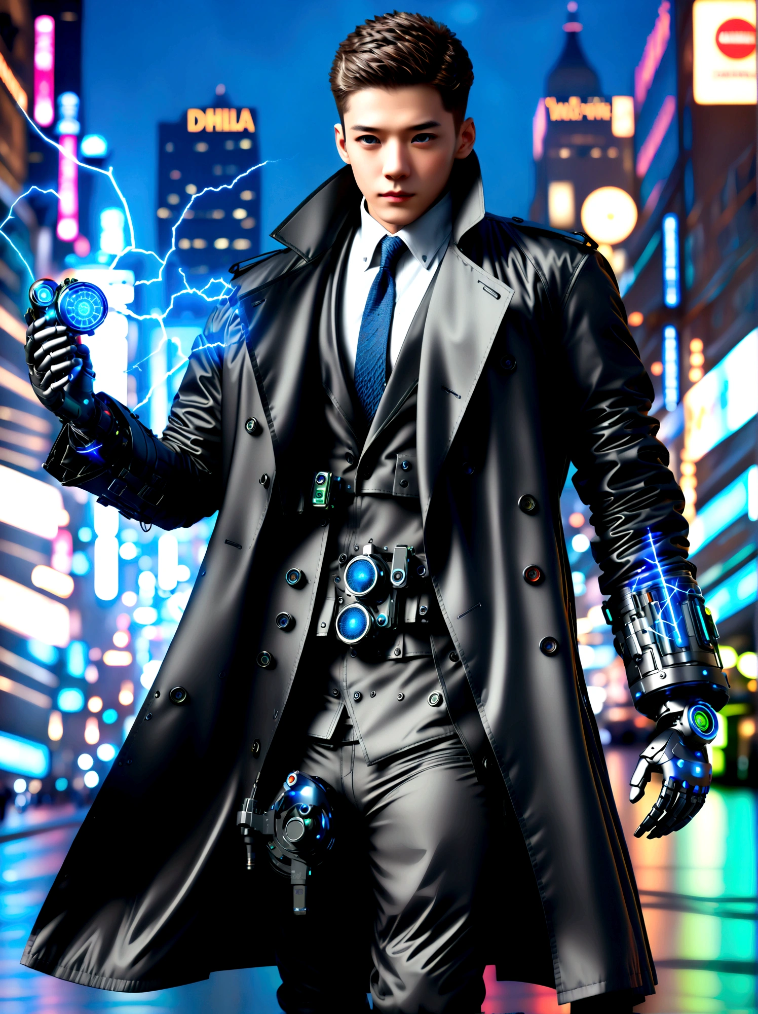 (best quality, 8k,highres,masterpiece:1.2), ultra-detailed, (realistic, photorealistic), (Detective Gadget in a sleek black trench coat:1.5), (Black trench coat:1.7), standing confidently, showcasing advanced futuristic gadgets, electric blue accents on his gadgets, mechanical arms extending from his coat, sharp and determined eyes, futuristic cityscape in background, bokeh, studio lighting, sharp focus