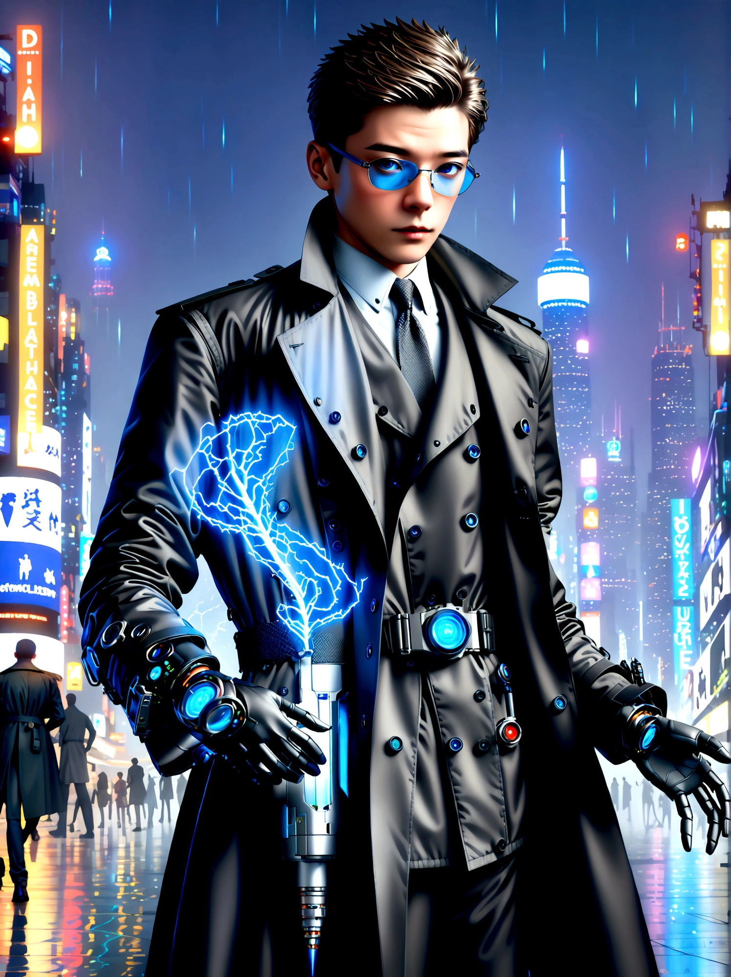 (best quality, 8k,highres,masterpiece:1.2), ultra-detailed, (realistic, photorealistic), (Detective Gadget in a sleek black trench coat:1.5), (Black trench coat:1.7), standing confidently, showcasing advanced futuristic gadgets, electric blue accents on his gadgets, mechanical arms extending from his coat, sharp and determined eyes, futuristic cityscape in background, bokeh, studio lighting, sharp focus