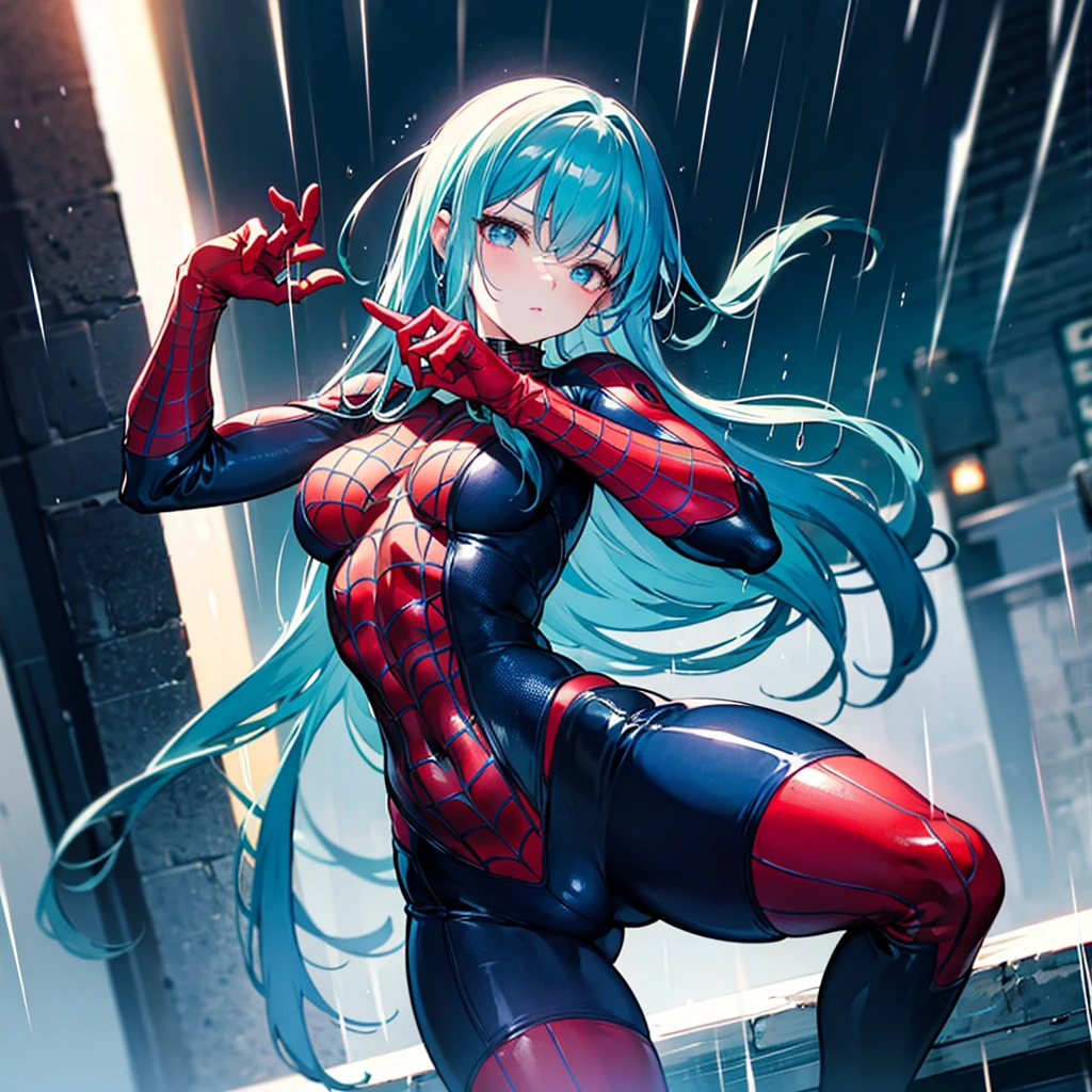 Make a cool spiderman scene, in rain, dark night, cyan and red light